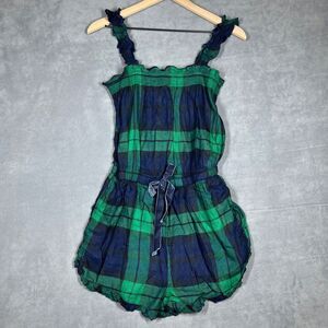 Aerie Womens Romper Small Green Blue Plaid‎ Tie Flannel Sleepwear Loungewear